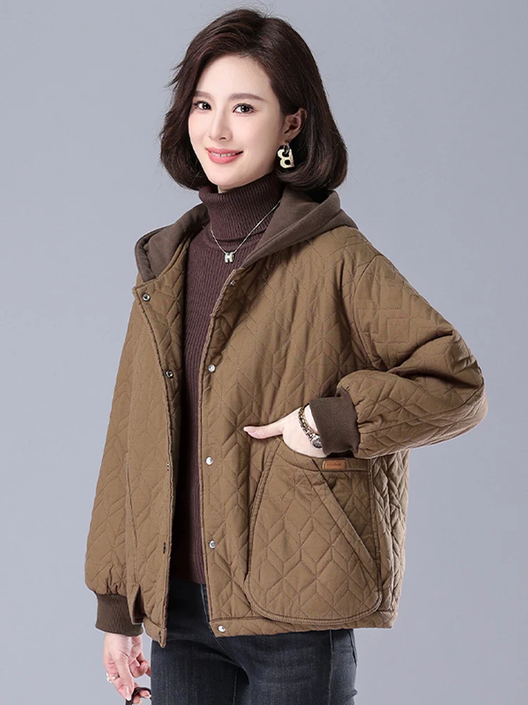 Casual Thin Cotton Jacket Hooded Mommy Style Autumn Winter Fashion Midlife Women's Clothing Quilted Outerwear Long Sleeve Coat