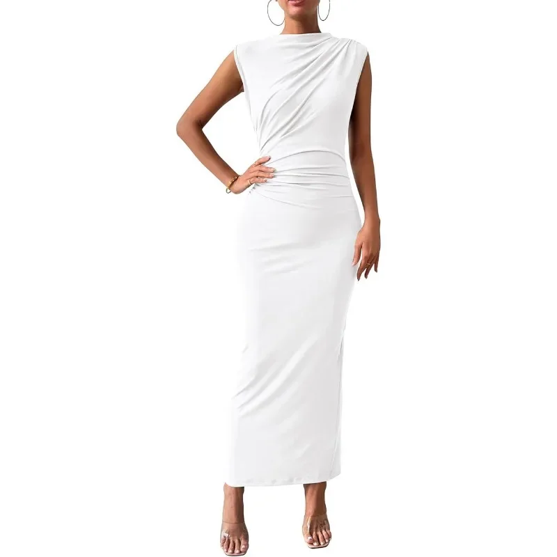 Feminino elegante ruched bodycon vestido euro sexy sem mangas camadas elástico casaco interno roupa de festa moda vestido básico