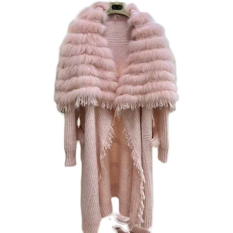 2023 Winter Luxury Bigger Turn-down Collar With Real Fox Fur Shaggy Tassles Coat Waim Extra Long Fur Heavy Wool Cardigan Sweater