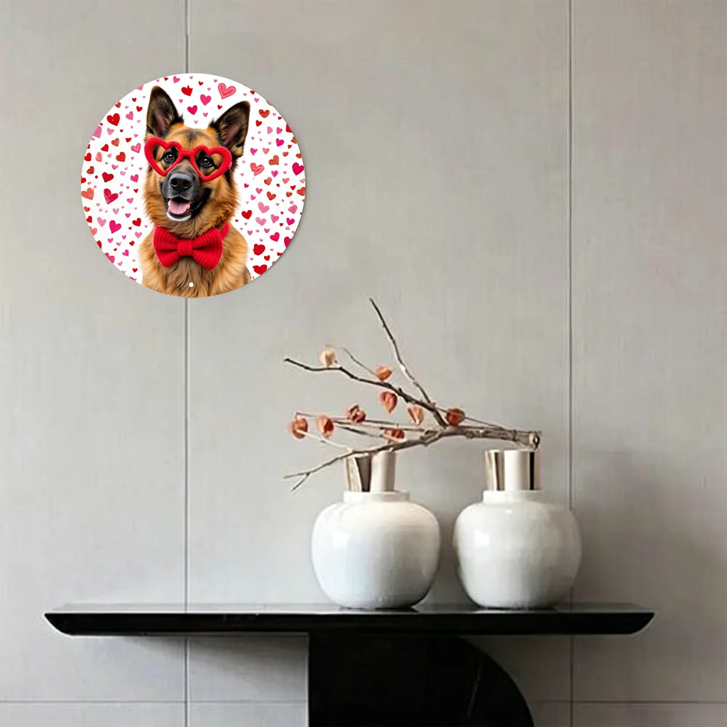 JIT 1-pc White heart confetti german shepherd with red bow tie cartoon print round metal tin sign wall decor, smooth lightweight panel, this unique metal tin sign suits entryway and lounge for long-term wall ornament, ideal decorative home lovers view 4