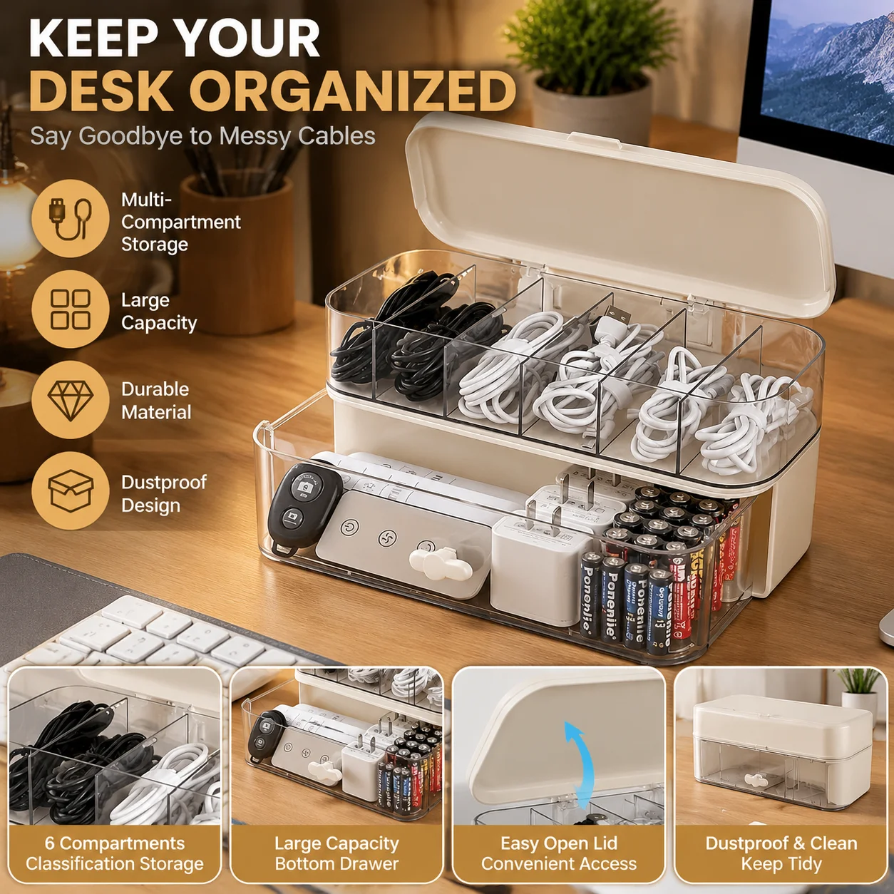 Double Layer Transparent Desktop Cable Organizer Box Adjustable Compartment Cord Charger Storage for Home Office Wire Management
