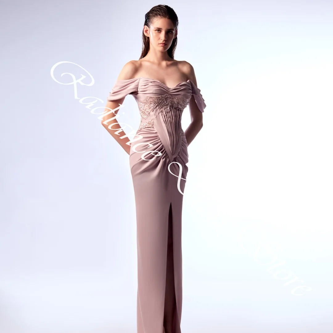 فساتين سهرة مخصصة رائعة من الجيرسيه مستقيمة قبالة الكتف مطرزة بدون حمالات وأكمام قصيرة وسحاب خلفي #6