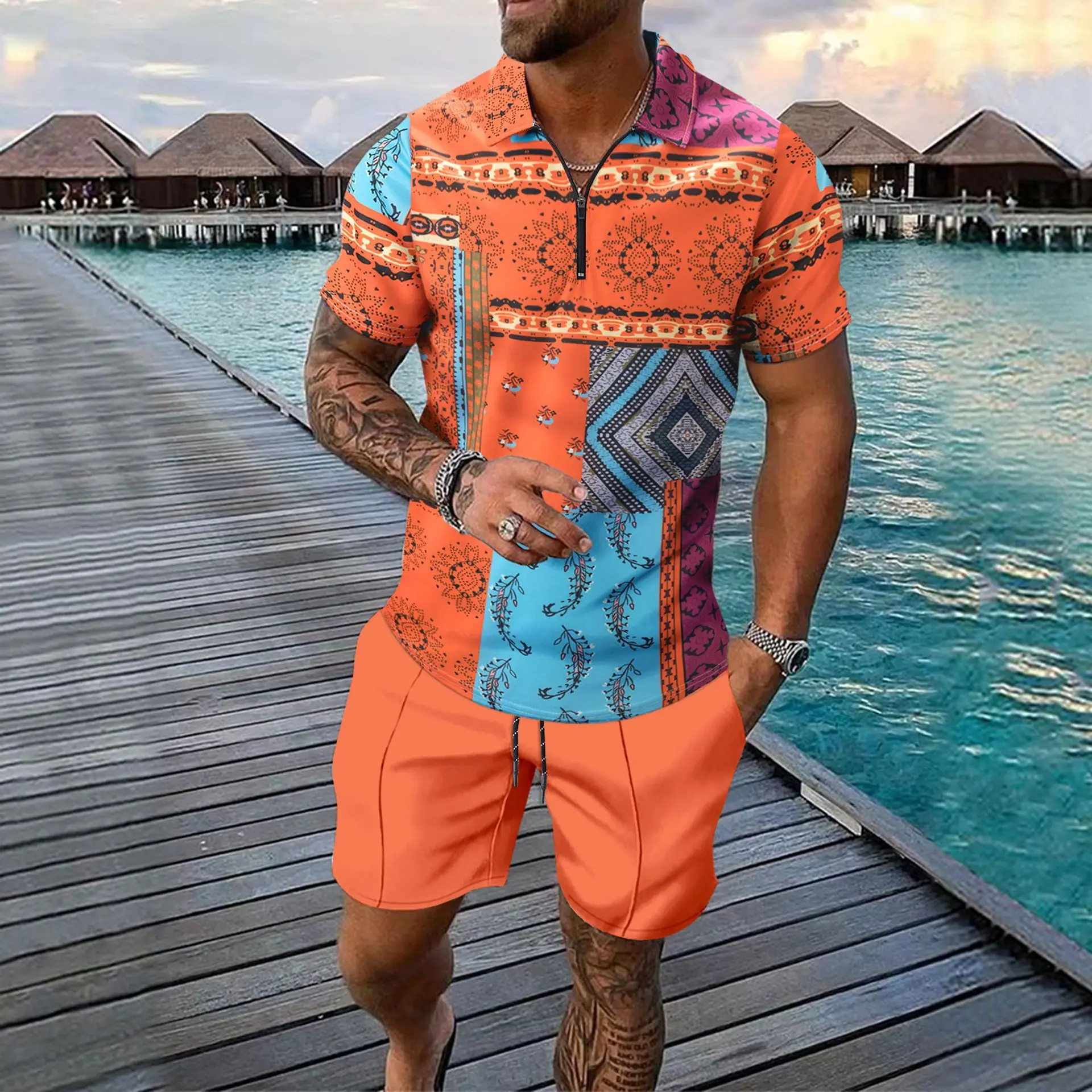 

New men's Hawaiian print two-piece set, zipper polo shirt and shorts, summer casual vacation sports outfit, men's streetwear