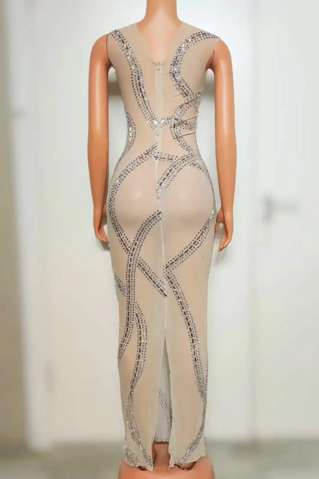 Mesh Sheer Elegantes Ärmelloses Langes Kleid Für Frauen Schwangere Heißer Bohren Prozess Strass Geburtstag Königin Drag Queen Kostüm