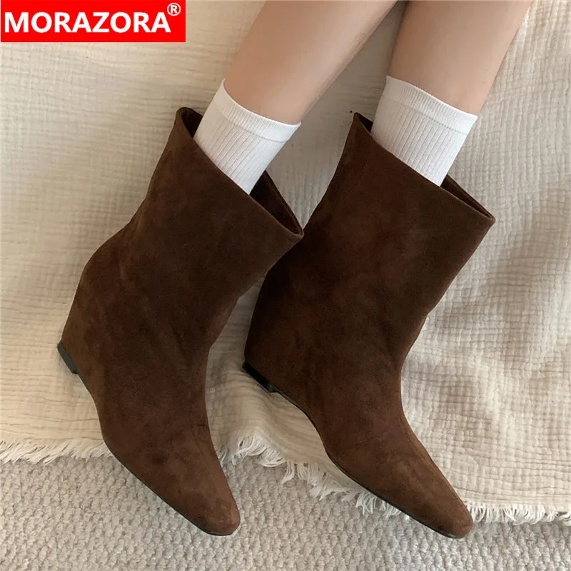 MORAZORA Ins Fashion Faux Suede Women Boots Square Toe Wedges High Heels Ankle Boots Autumn Western Boots Female Shoes