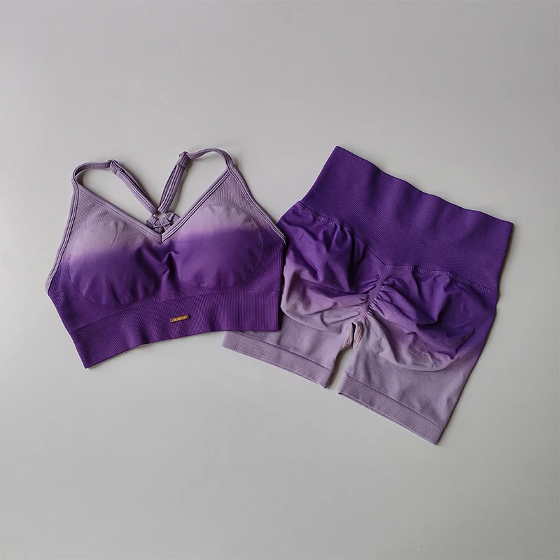 Conjunto de exercícios gradiente feminino, sutiãs esportivos e leggings, terno de duas peças, calça esportiva, tanque de fitness ioga contraste, roupas de crop top