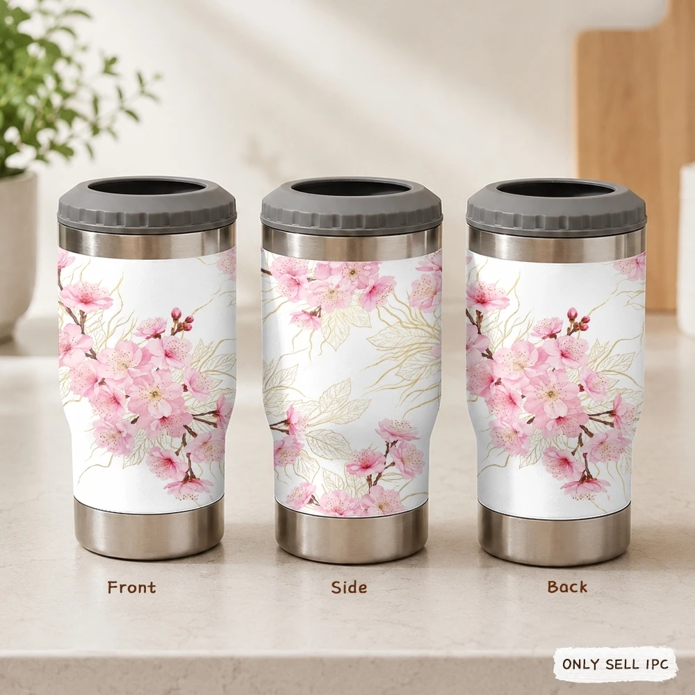Termos con diseño de flor de cerezo, 4 en 1, vaso enfriador de latas | Apto para Cerveza, Refresco y Café | Portavasos Aislado para Bebidas Calientes y Frías