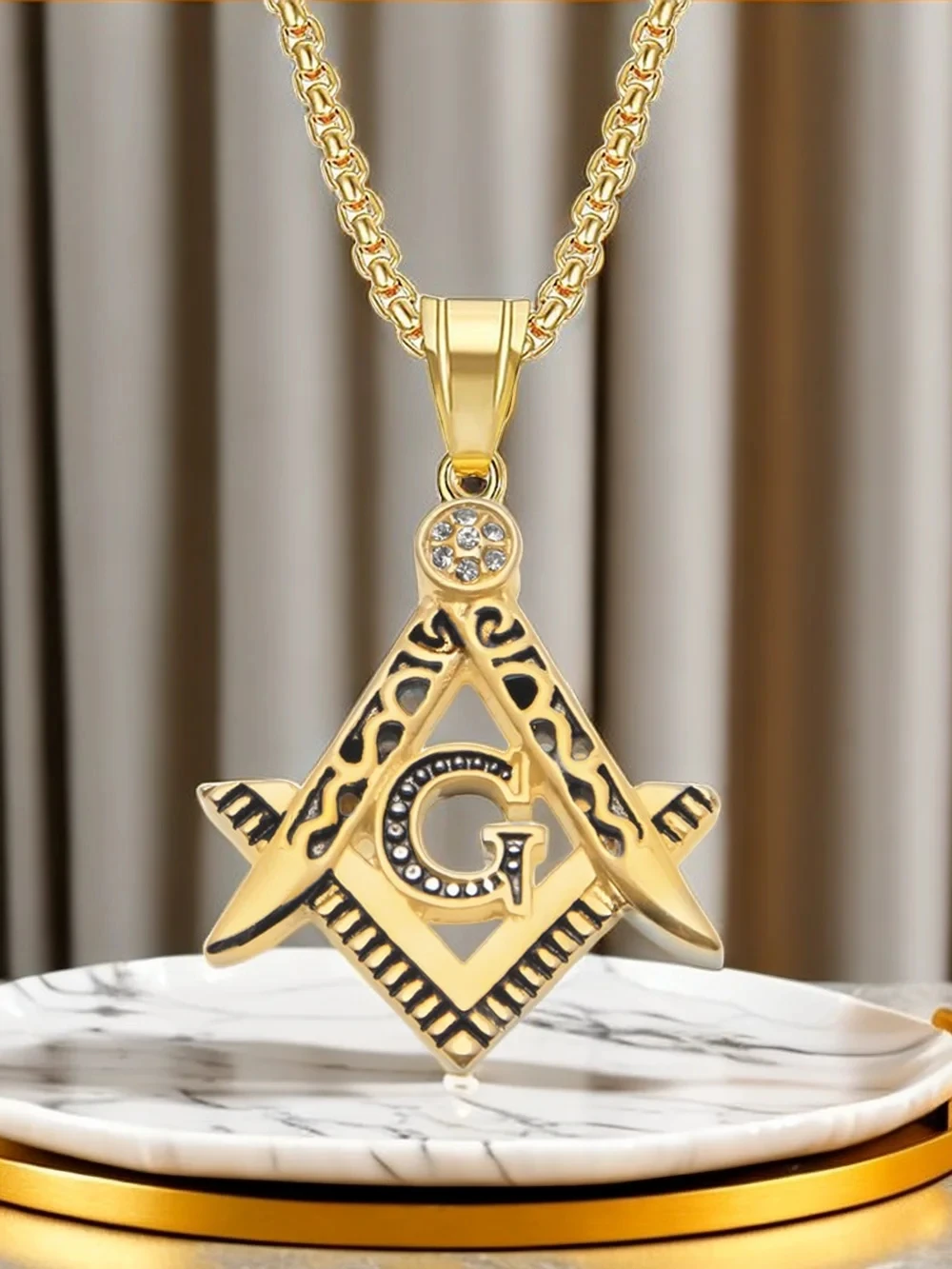 Hip Hop Iced Out Mason Necklaces Pendants Gold Color Stainless Steel Chain For Women/Men Masonic Symbol Jewelry XL1079