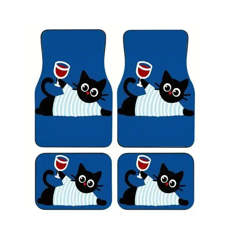 

4Pcs Black Cat With Wine Print Car Floor Mats Non-Slip Waterproof Universal Foot Pads for Auto Interior Protective Accessories