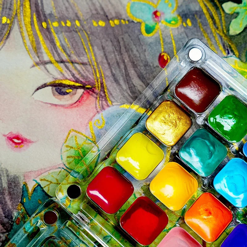 Mini Solid Watercolor Paint Set with Acrylic Palette Box Portable Pocket Sketch Painting Board for Student Art Painting Supplies