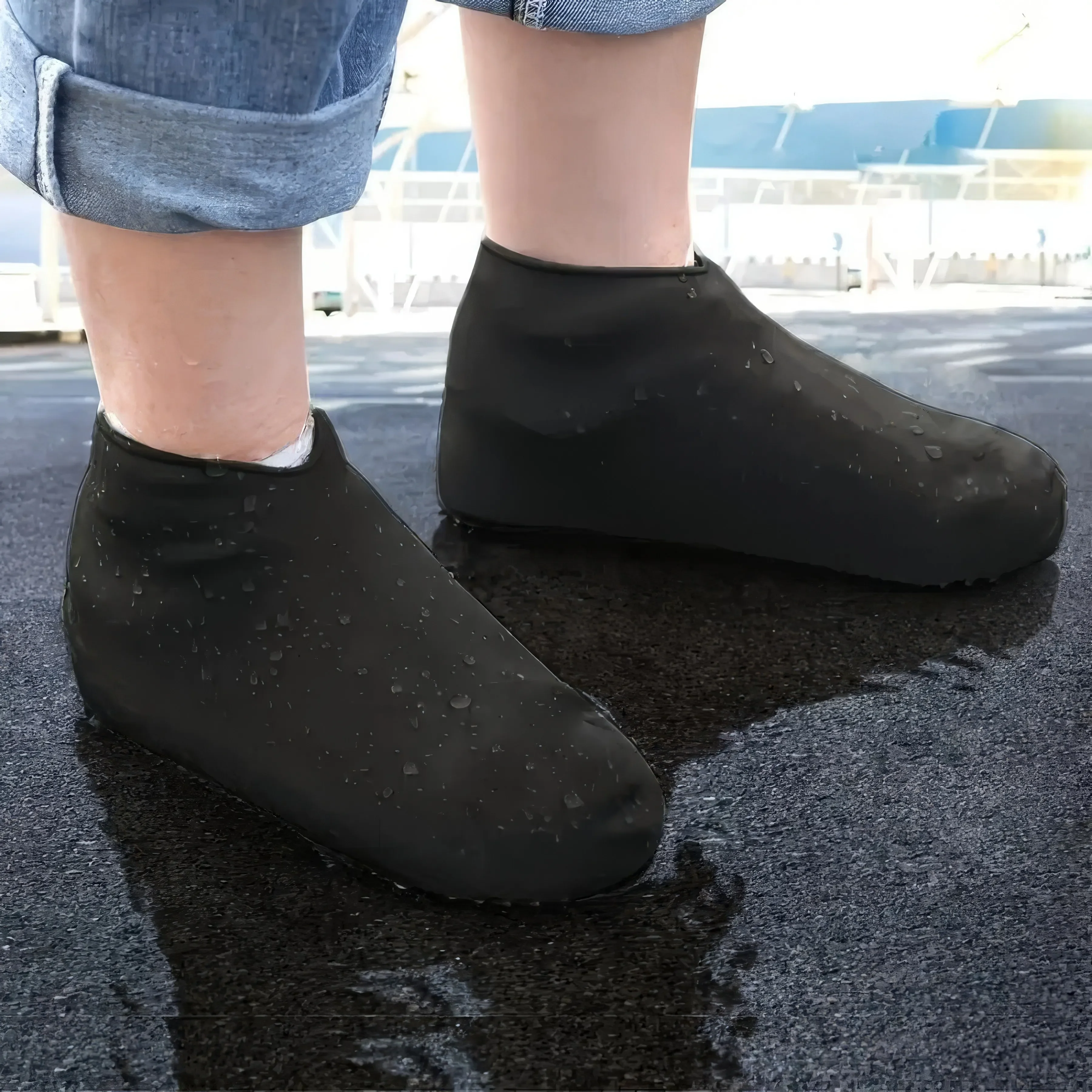 1pc Black And White Waterproof Latex Rain Boot Covers, Durable And Reusable, Ideal For Cleaning, Farming And Cycling. - Detail 1