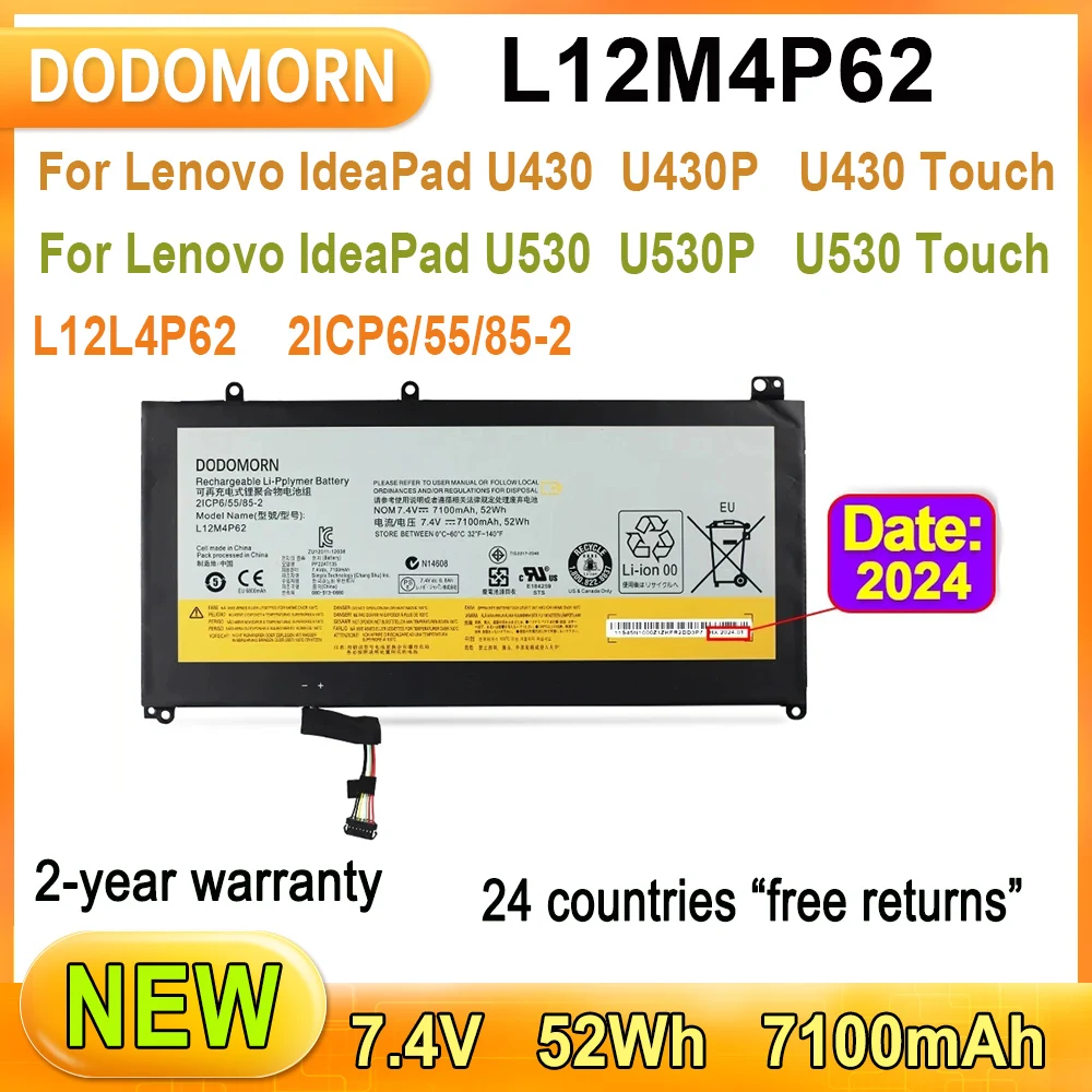 

Новый аккумулятор для ноутбука L12M4P62 для Lenovo IdeaPad U430P U530P U530 Touch U430 Touch Series 7,4 В 52 Втч 7100 мАч 2ICP6/55/85-2 L12L4P62