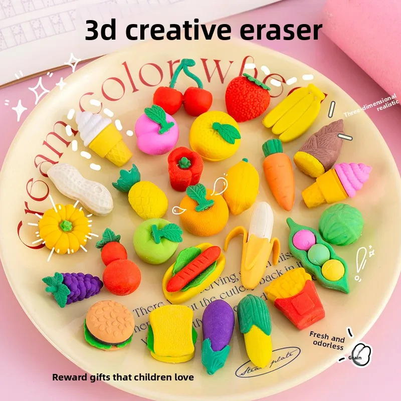 30 Pcs Cartoon Fun Fruit Pencil Eraser Vegetables Fruits Modeling Assembled Eraser Stationery Gifts Primary School Students