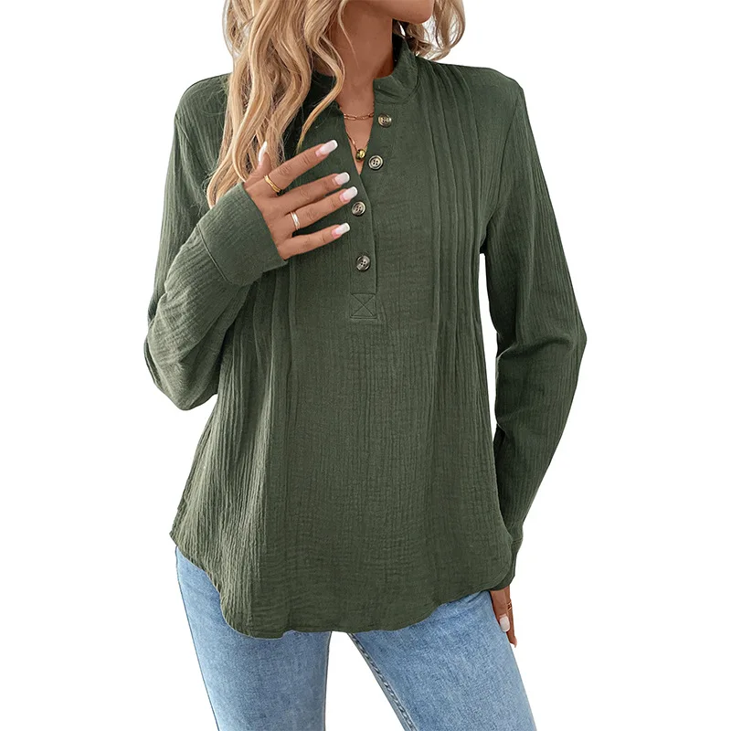 لون نقي زر حتى V-Ne عادية علوية irt المرأة Ele فضفاضة تناسب طويلة Sve الخريف الشتاء Faion جديد عبر الحدود #5