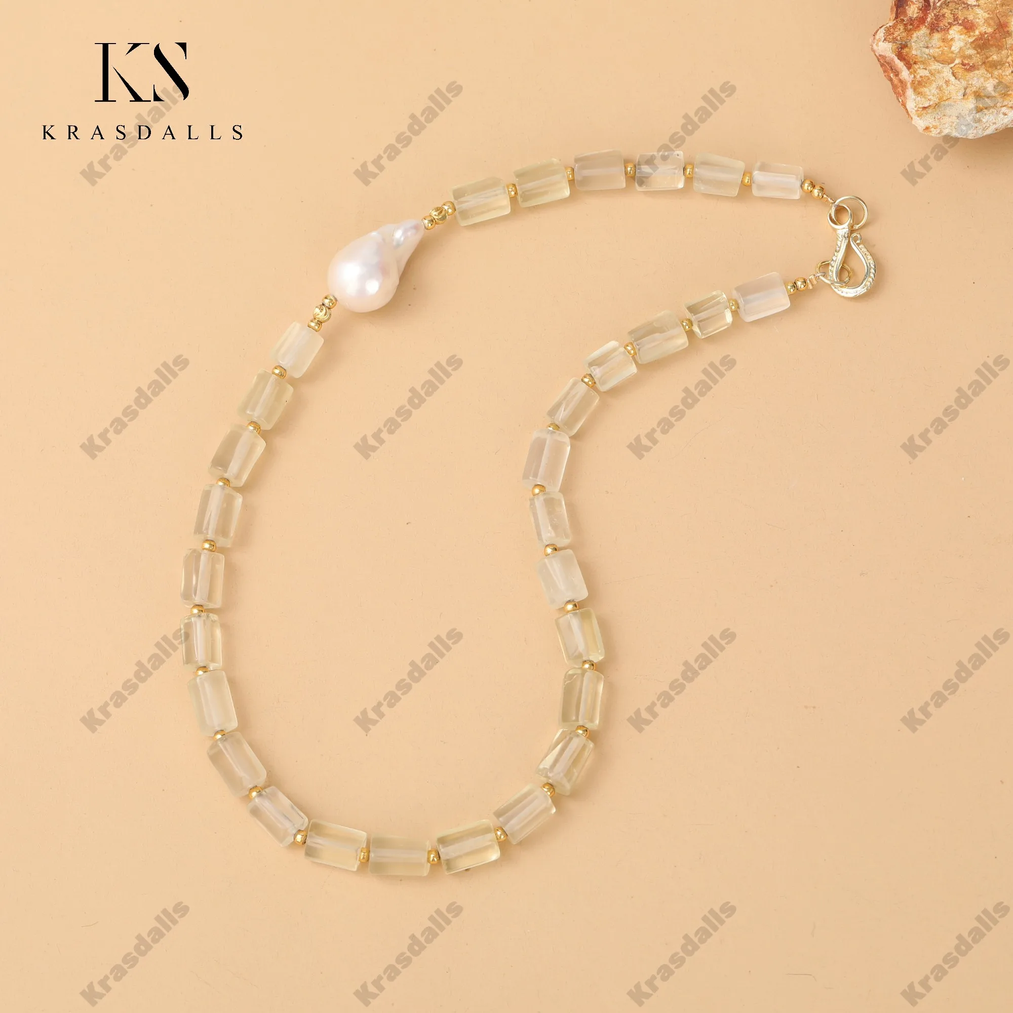 18-Inch Natural Lemon Jade Pearl Necklace Copper Gold Beads Romantic Link Chain Brass Gold Women's Romantic Party