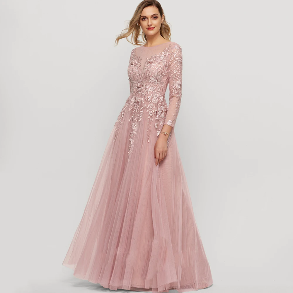 Delicate Applique Scoop Neck Prom Dress Long Sleeves A-Line Floor Length Illusion Tulle Custom Color Women Wedding Party Gowns