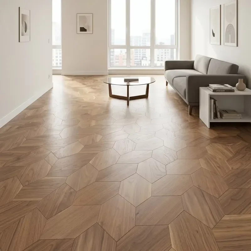 Custom Item, Contact Us Irregular Hexagon Walnut Engineered Walnut Modern Brushed Art Parquet Wood Flooring for Apartment