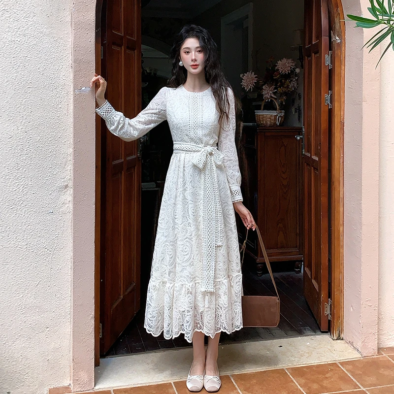 Autumn French Crochet Lace Prom Party Dress Women's O Neck Long Sleeve Embroidery Flower Hollow Out A-Line Long Robe Elegant