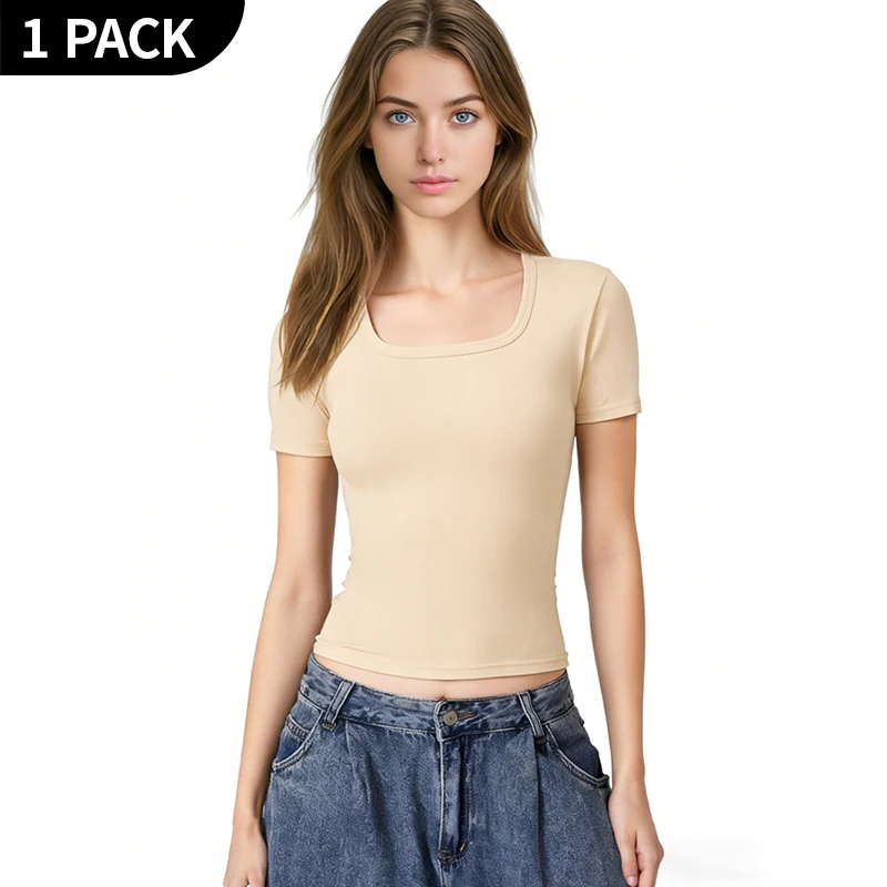 

Женский летний топ с короткими рукавами и U-образным вырезом, однотонный, удобный, спортивный и модный, подходит для домашней и уличной носки.