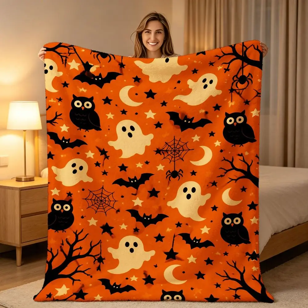Halloween Orange Fleece Throw Blanket with Whimsical Ghosts Bats Owls and Spooky Patterns Soft Cozy Decorative Bedding for Autumn Home Decor Ideal Gift for Holidays