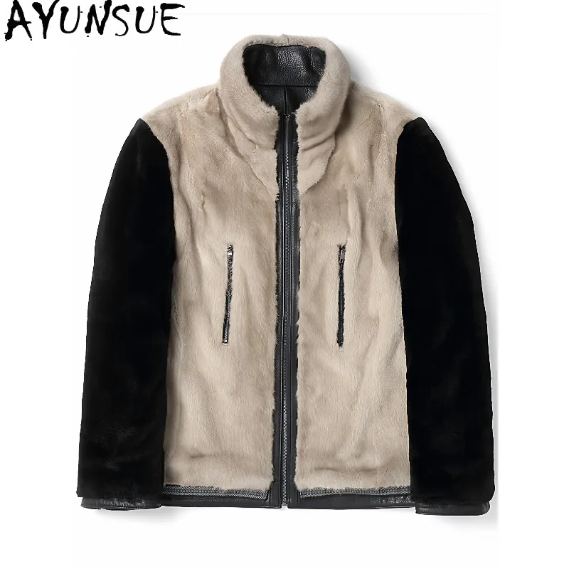 AYUNSUE 100% Goatskin Genuine Leather Jacket Men Luxury Winter Real Fur Coat Man Clothing Warm Whole Mink Fur Liner Coats Parkas