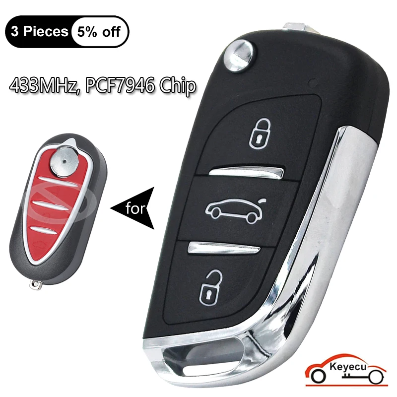 

KEYECU 3 Buttons 433MHz PCF7946 Chip for Alfa Romeo Mito Giulietta Brera 159 147 156 166 GT Auto Modified Flip Remote Key Fob