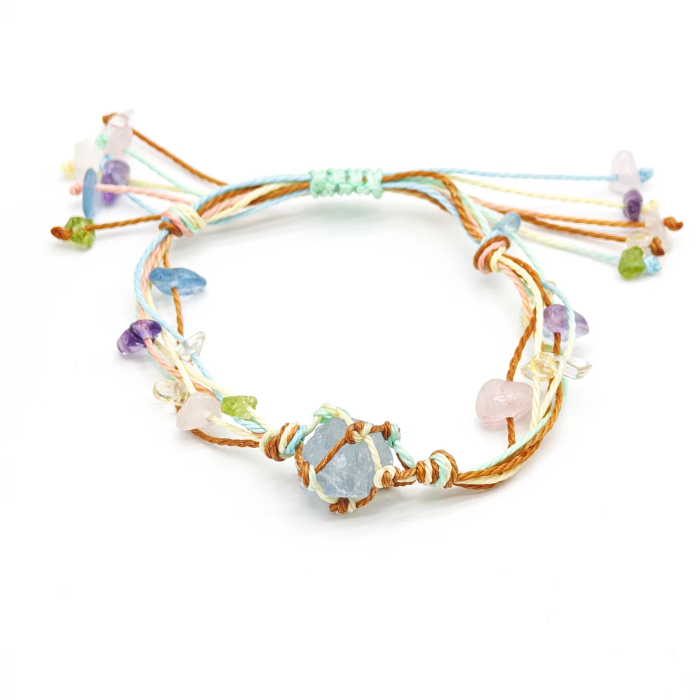 10 Stück verstellbares geflochtenes Kordelnetz, 1 roher Rohstein, Perlenhalter, Seil, Armband, natürlicher Quarzkristall, Heilung, Taschentasche, Armreif – Detail 2