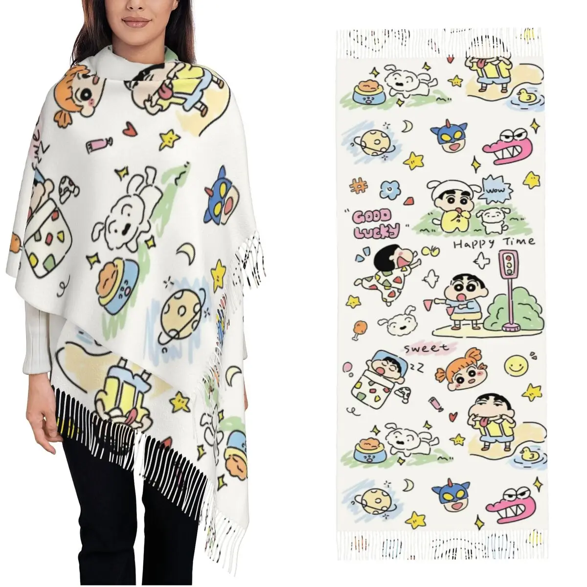 Crayon Shin-chan Happy Time Scarf for Women Winter Warm Shawls and Wrap Japanese Anime Long Shawl Scarf Daily Wear