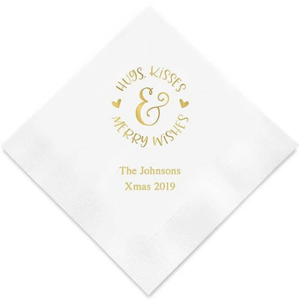 

50PCS Hugs Kisses Merry Wishes Personalized Printed Wedding Napkins - 3 Sizes / Multiple Colors