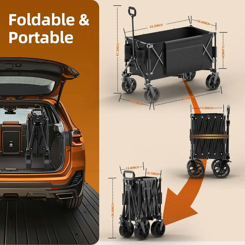 รถเข็นอเนกประสงค์พับได้ขนาดใหญ่พร้อมล้อ แข็งแรงทนทานสำหรับชายหาด ตั้งแคมป์ ขนของชำ มีช่องเก็บของด้านข้าง