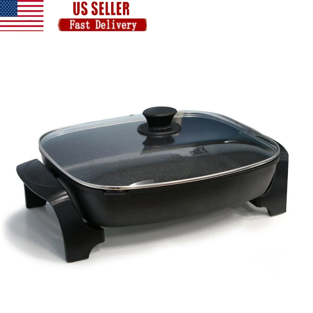 

10.5 Quart Jumbo Electric Skillet Non-Stick Easy-Pour Spout Heavy Duty Cookware with Glass Lid Cool-Touch Handles Safe Serving