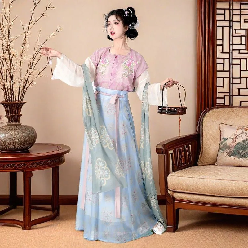 New Restoration Han Clothing Embroidered Shu round-Neck Shirt Chest-Length Waist-Length Eight-Broken Skirt