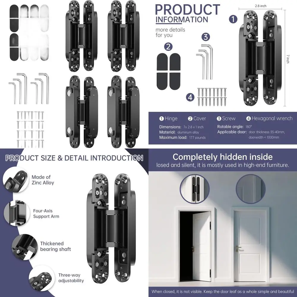 

7 Concealed Zinc Alloy Hinges for Silent 180° Door Swing, 3-Way Adjustable, Black