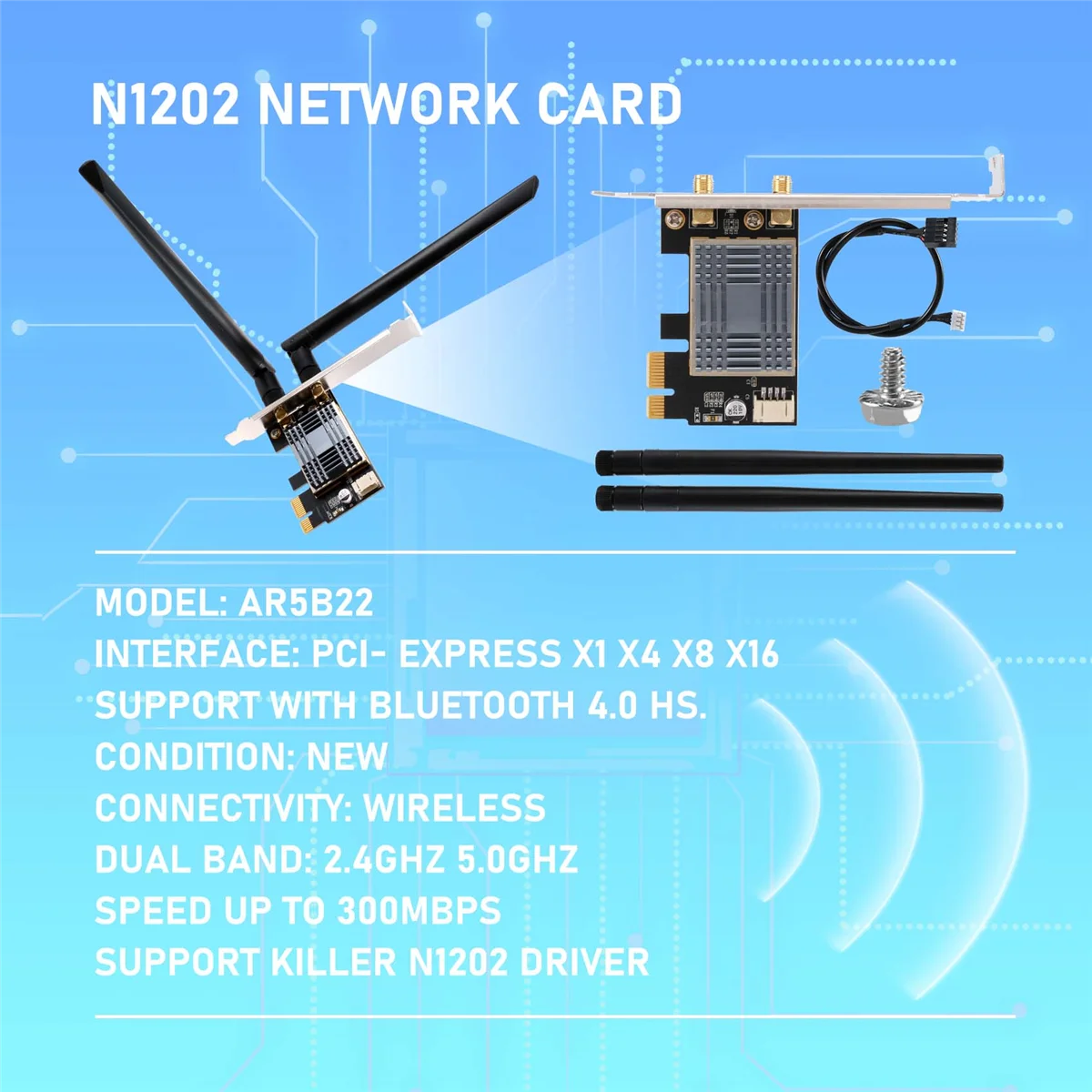 N1202 Placa de rede PCIE Dual Band com Bluetooth 4.0, AR5B22, 2.4G, 5G