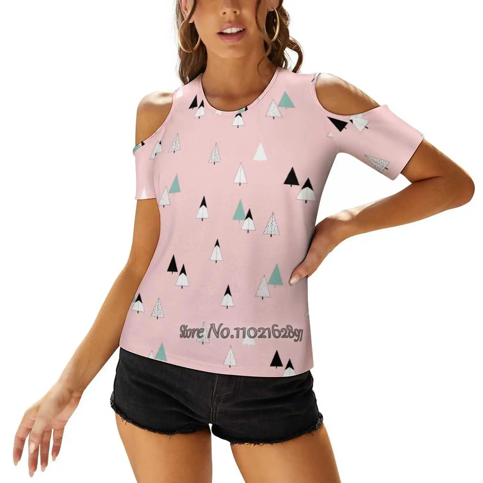 Pine Trees Pink Women's T-Shirt Casual Short Sleeved Tops Tee Ladies Loose T Shirts Christmas Xmas Trees Pine Pattern Modern