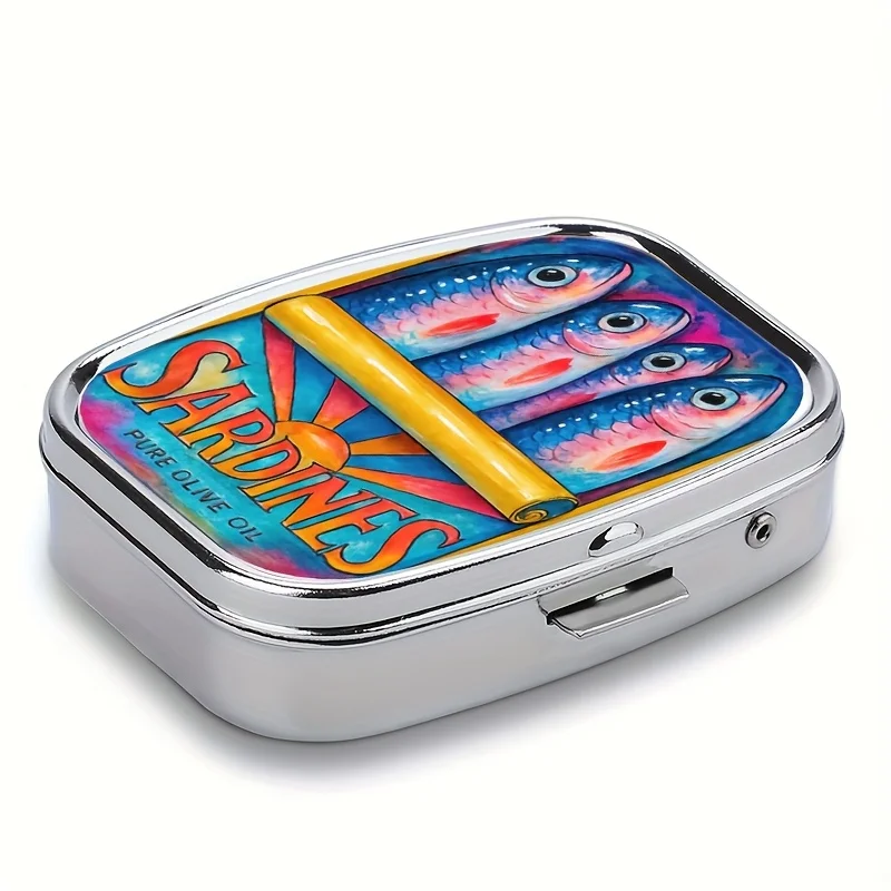 1pc Vintage Sardine Metal Pill Box, 2-Compartment Square Case, Portable Organizer for Pills/Vitamins/Jewelry, Ideal Gift