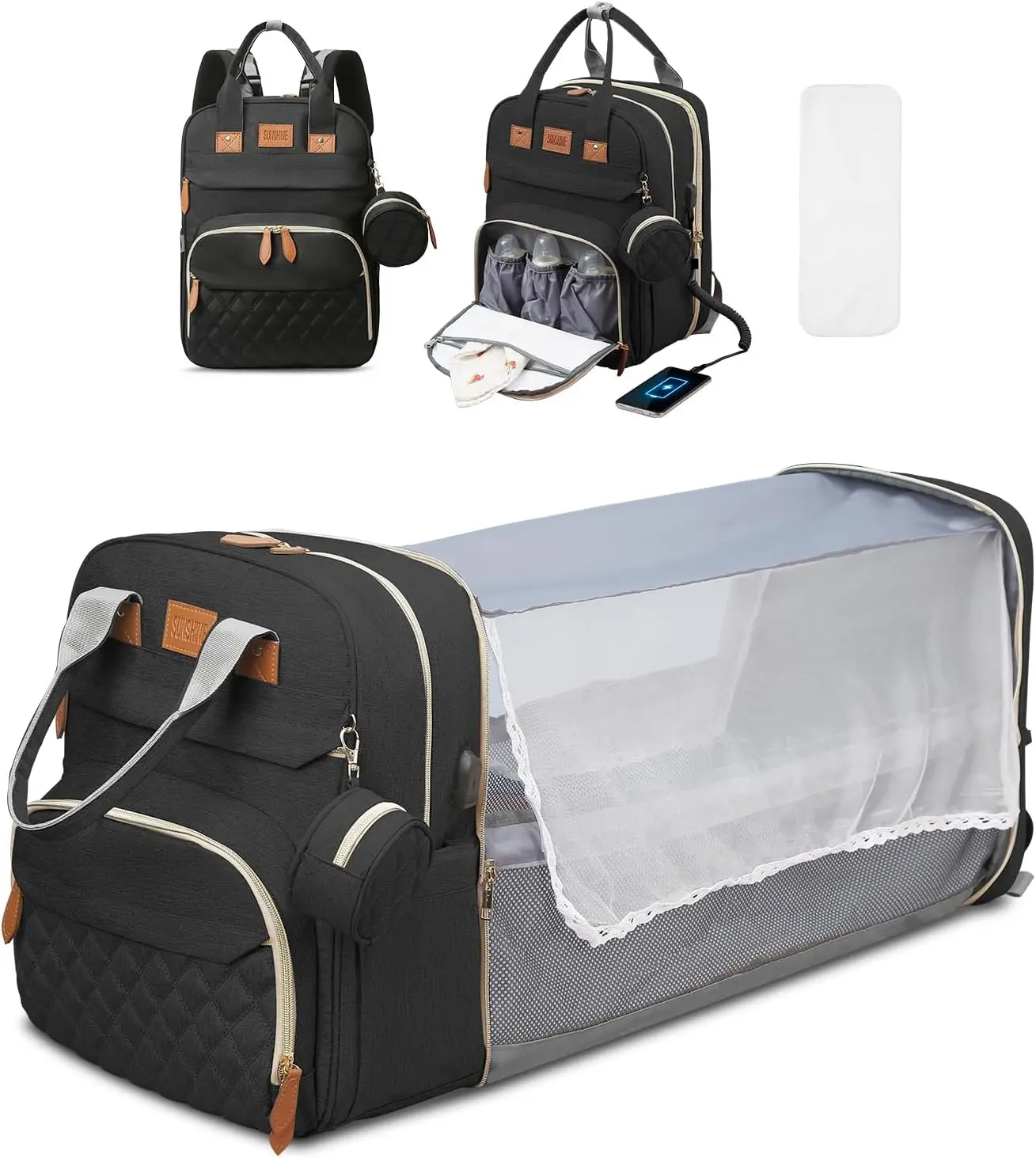 RsenFremior Large Diaper Bag with Changing Station, Foldable Diaper Bag Backpack with Bed ,Diaper Bag with Insulated Pockets