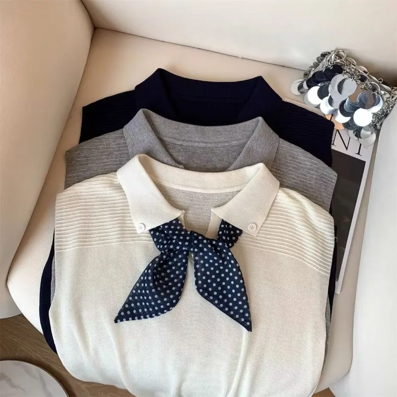 Tops T-shirts Women's Summer Korean-inspired Polo Neck Collar Scarf Designer Knitwear Thin Sleeveless Comfortable Casual Niche