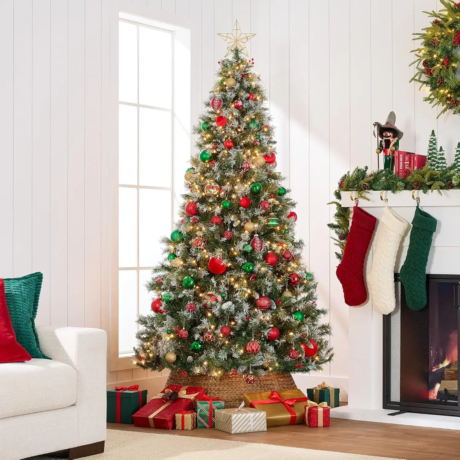 Christmas Tree Pre-Lit, Pre-Decorated Artificial 6ft Frosted Pine Holiday Decoration w/Frosted Tips, Pine Cones, Berries