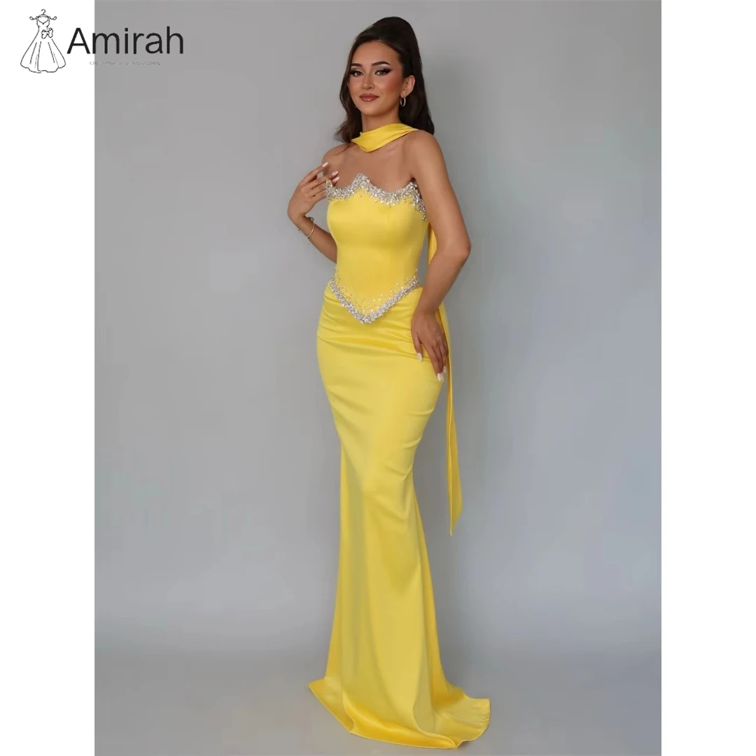 

Amirah Fish Tail Dresses for Special Events Satin Yellow Women's Evening Dress Woman Custom Made Wedding Party Dress Ball Gown