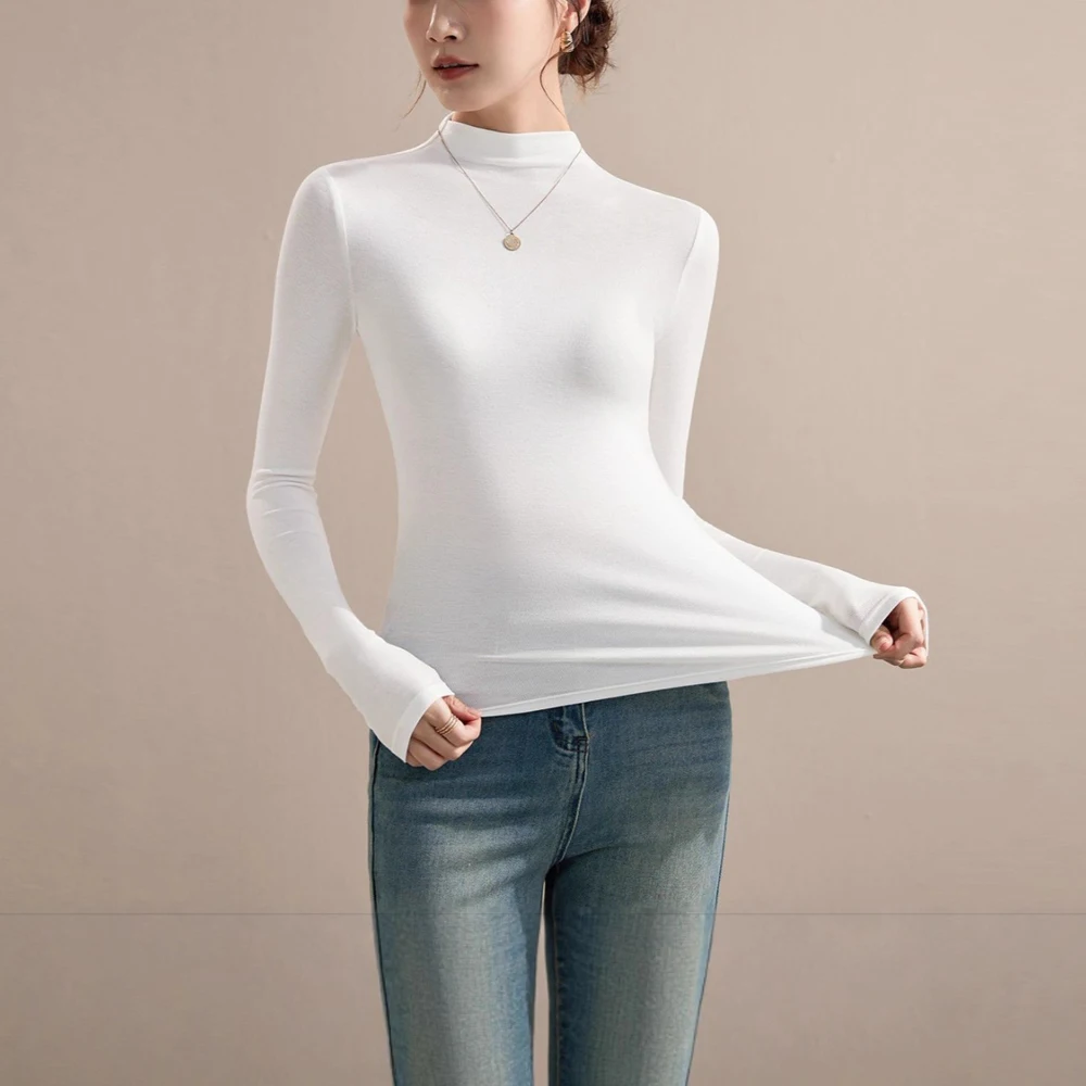 

Women Jersey Fabrics Elastic T Shirt Solid Half High Collar Long Sleeve Shirts Slim Stretch Tees Top Female Bottoming Blouses