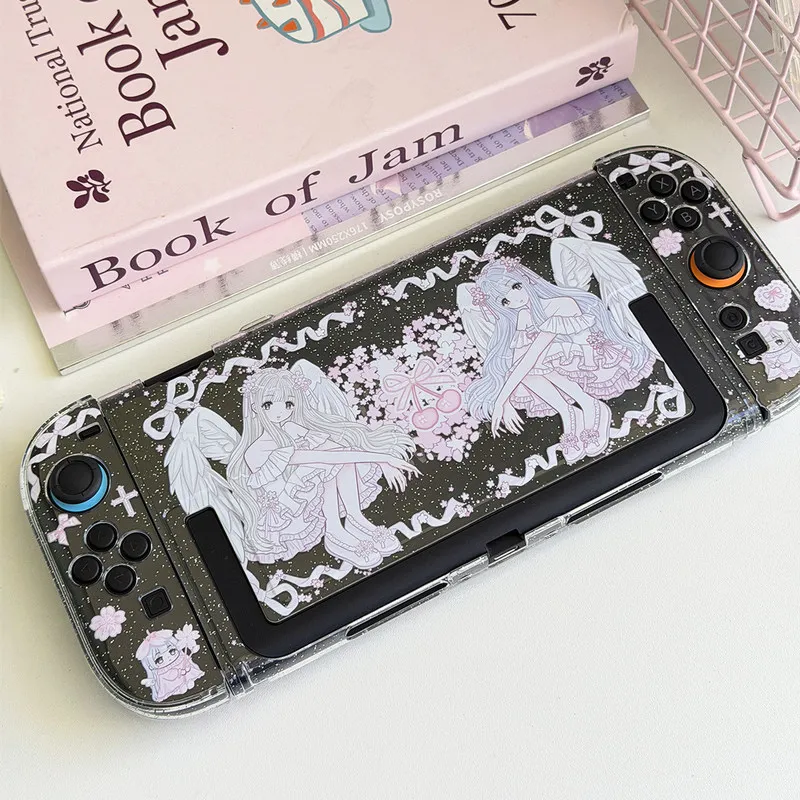 

Switch 2 Protective Case Cartoon Pink Angel Girl Glitter Clear Pc Split Dockable Cover For Girls Game Console Accessory