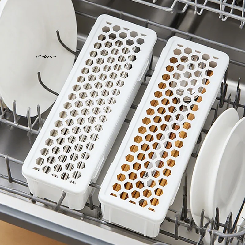 Plastic Dishwasher Tableware Cleaning Box with Chopstick Cage Spoon Drain Storage Rack - Kitchen Organizer Storage Basket Bag