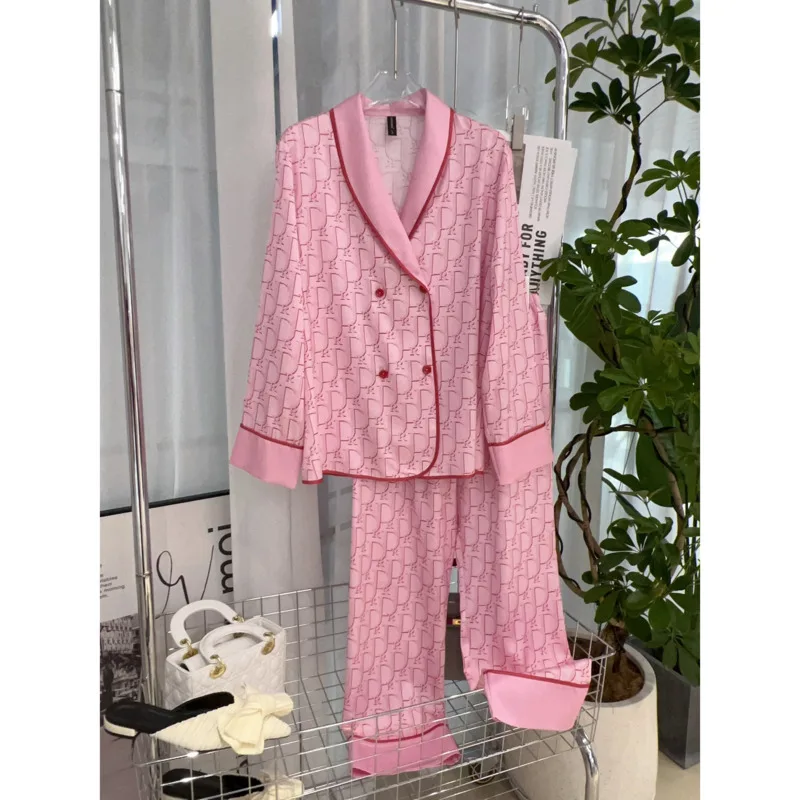 Fashionable High Quality Pink Letter Herringbone Ice Silk Women\'s Pajamas Comfortable Soft Satin Texture Thin Pyjamas Sets