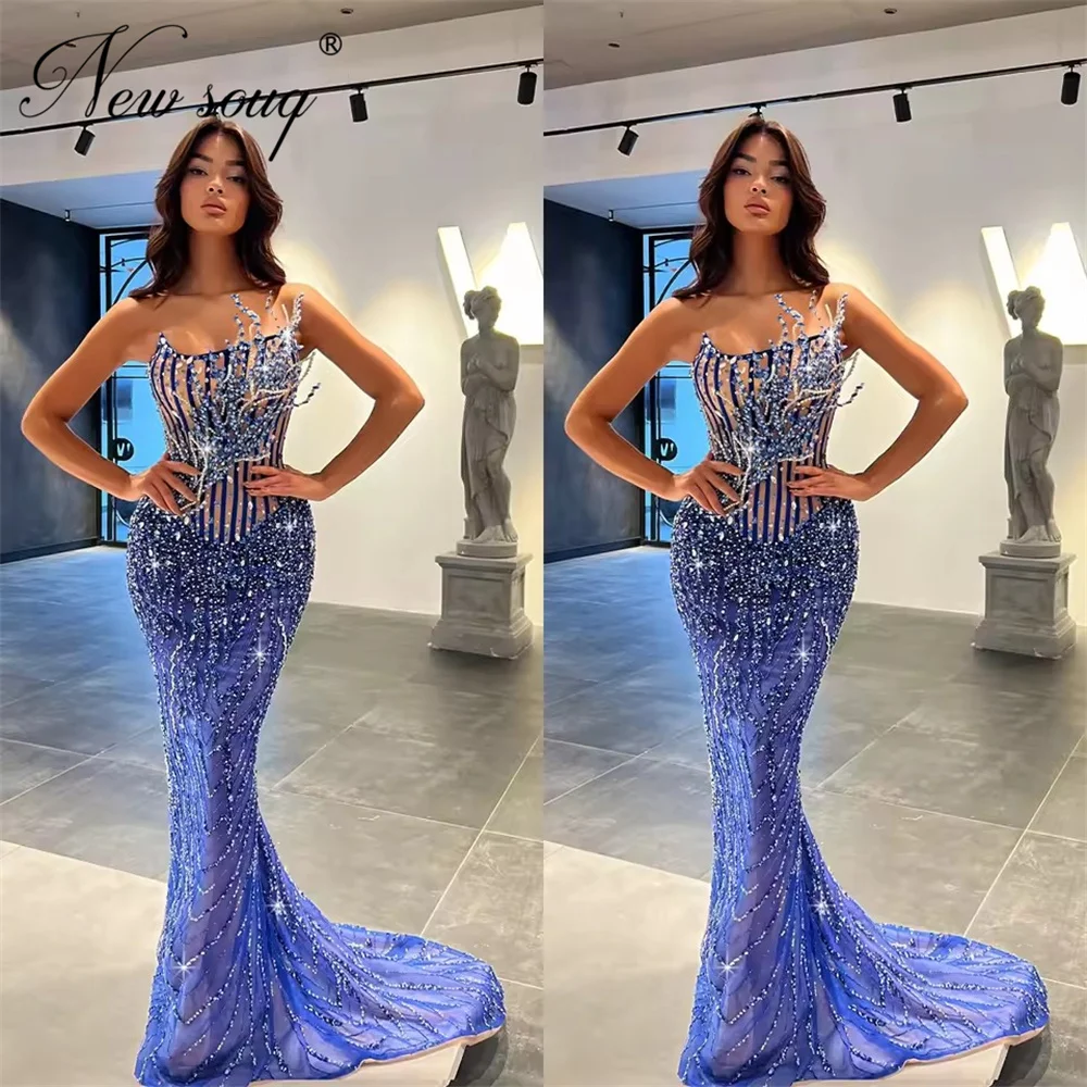 

Новое элегантное синее платье-русалка 2026 года для знаменитостей, индивидуальный пошив, расшитое бисером, без бретелек, для свадебных вечеринок, блестящее коктейльное вечернее платье