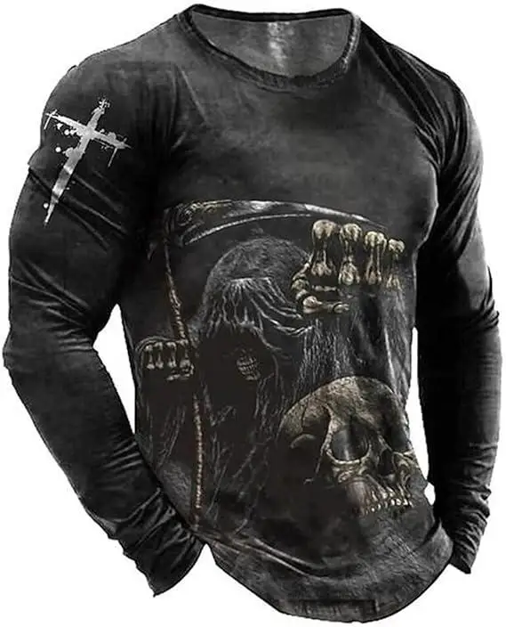 Skull Printed Long Sleeve T-shirt Men's Summer Halloween Gothic Round Neck T-shirt Casual Cross Skull Top Thin Fashion Top