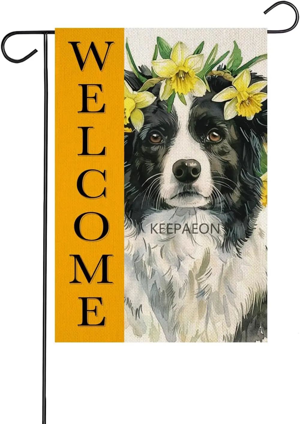 Bandera de jardín Border Collie de bienvenida, Bandera de jardín de lino de doble cara, tela Premium, Narciso, decoración al aire libre, pancarta para césped de patio