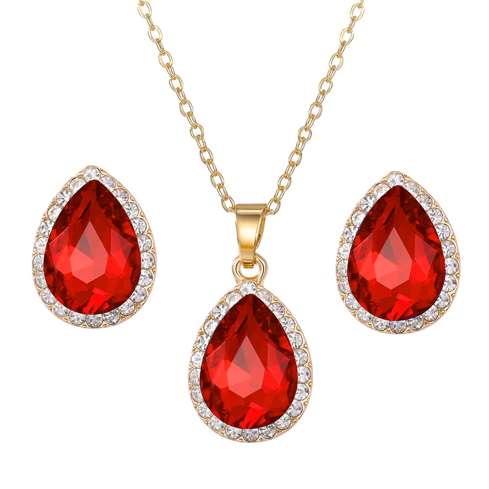 IFKM 5 Colors Necklace/Earrings/Rings Jewelry Sets Hoop Earrings Water Drop Earrings Red Jewelry Set Rhinestones For Women