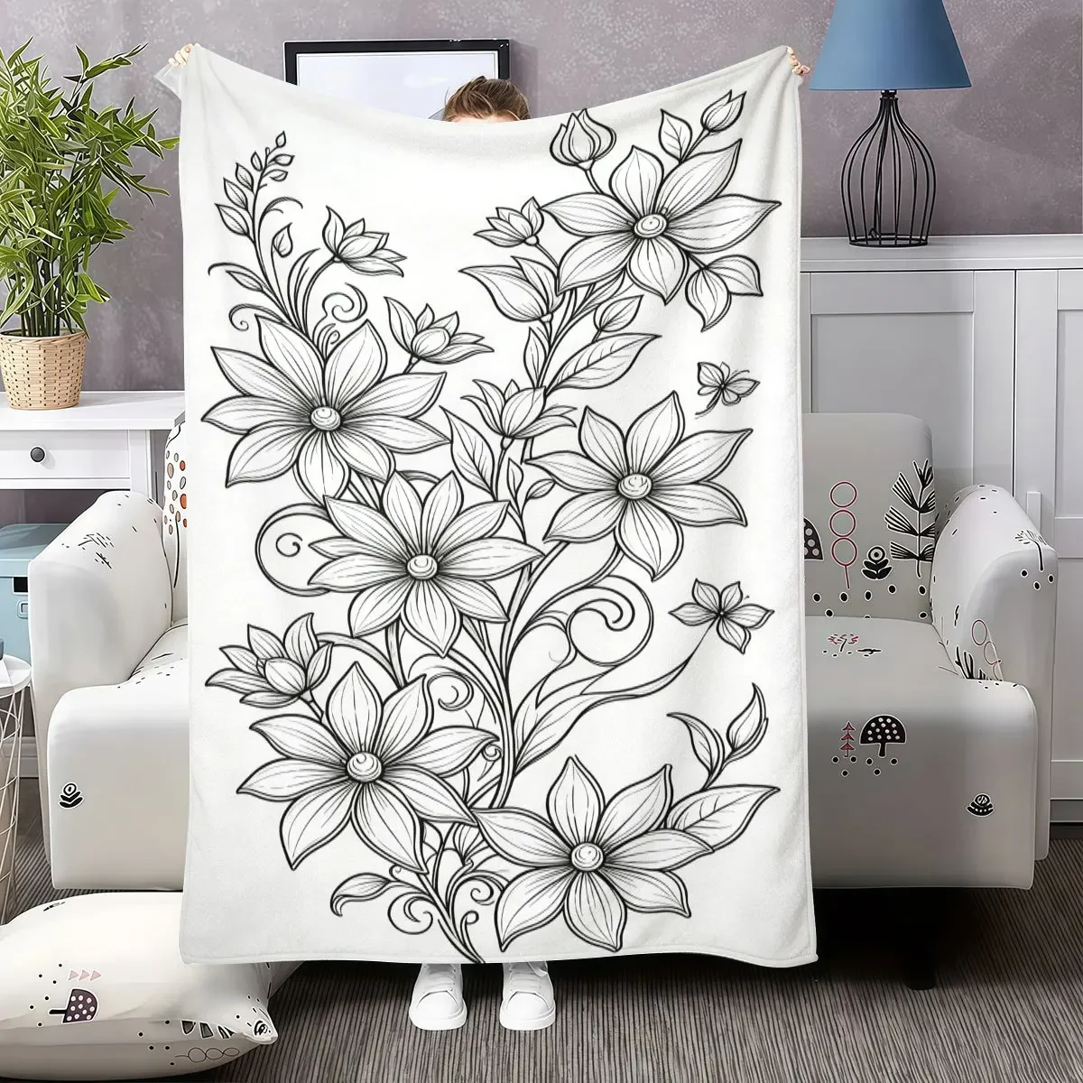 Decorative Floral Botanical Line Art Throw Blanket Boho Sketch Home Decor Cozy Nursery Crib Wrap Sofa Throw Gift