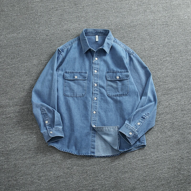 Wash to do old blue cargo denim shirt men long sleeve fashion brand men's multi-pocket loose casual shirt coat